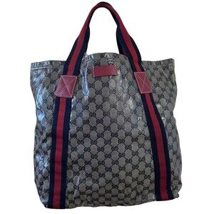 Gucci GG Crystal PVC Coated Canvas Red/Blue Stripe Tote Bag.